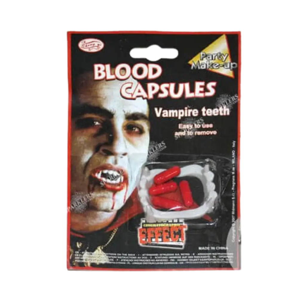 Vampyrsæt med proteser og falske blodkapsler