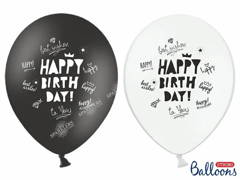 Pakke med 10 "HAPPY BIRTHDAY" balloner sort/hvid