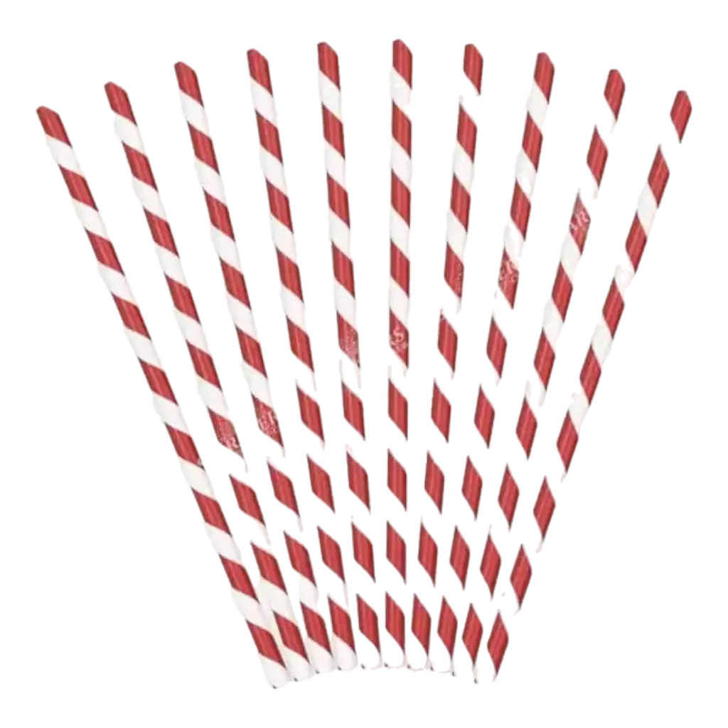 10 røde sugerør af papir med hvide striber