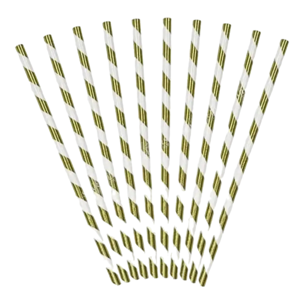10 sugerør af guldpapir med hvide striber