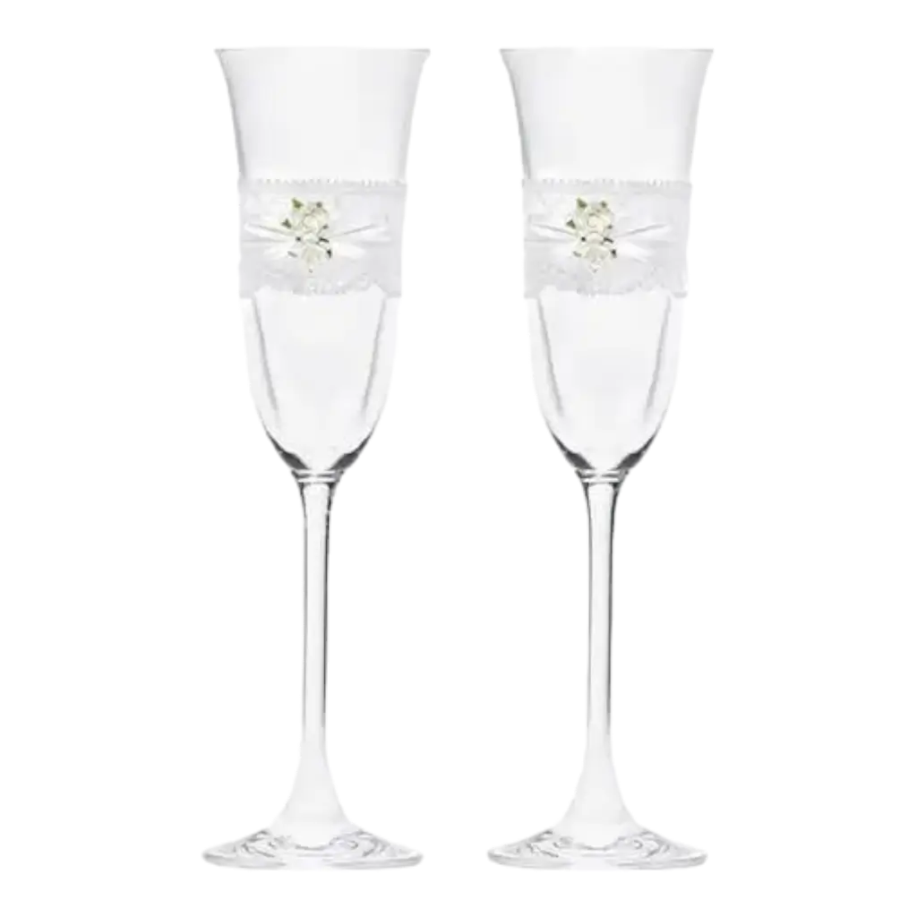 Sæt med 2 champagneglas med blonder og hvid rose