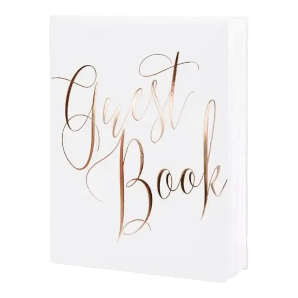 Hvid bryllup gæstebog med rosa guld skrift