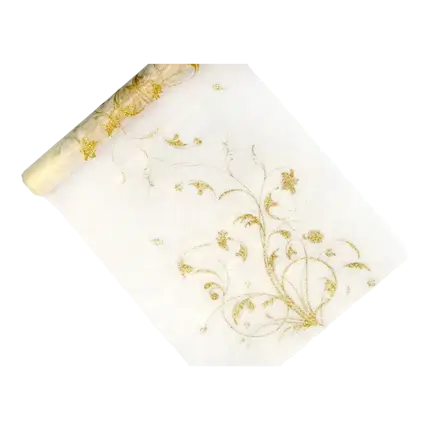 Cremefarvet bordløber med guld arabesque mønster 9m lang