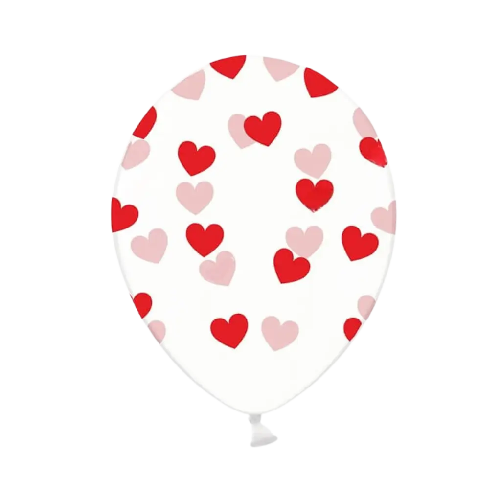Pakke med 50 gennemsigtige balloner med røde og lyserøde hjerter