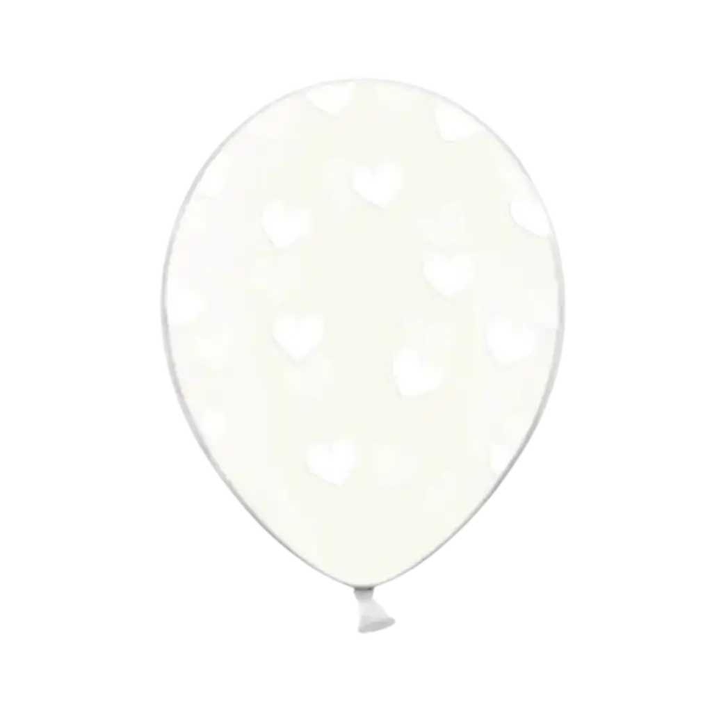 Pakke med 50 gennemsigtige balloner med hvidt hjerte-design