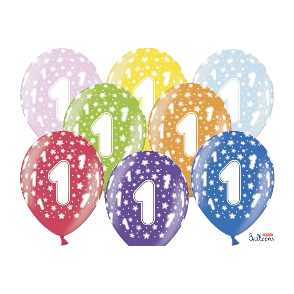Flerfarvede balloner med "1"-indskrift (sæt med 6)
