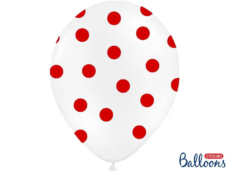 Pakke med 10 hvide balloner med røde runde mønstre