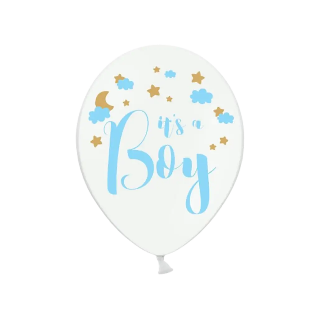 Sæt med 6 hvide balloner med påskriften "Det er en dreng"