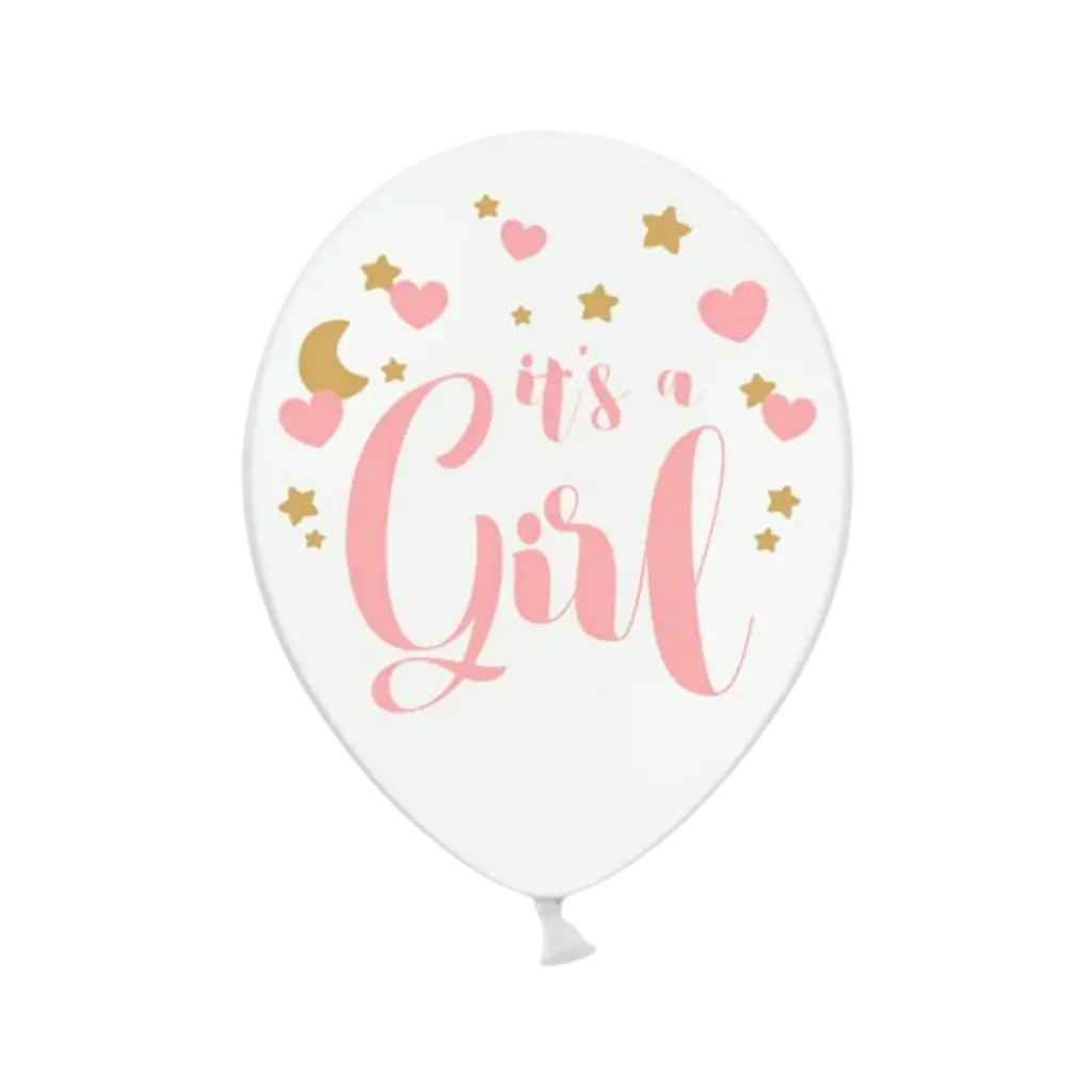 Sæt med 6 hvide balloner med "It's a Girl"-indskrift