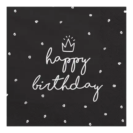 Sæt med 20 sorte Happy Birthday-papirservietter