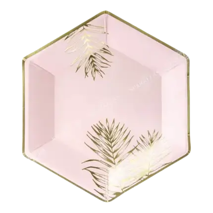 Lyserød paptallerken med bladgulddesign (sæt med 6 stk.)