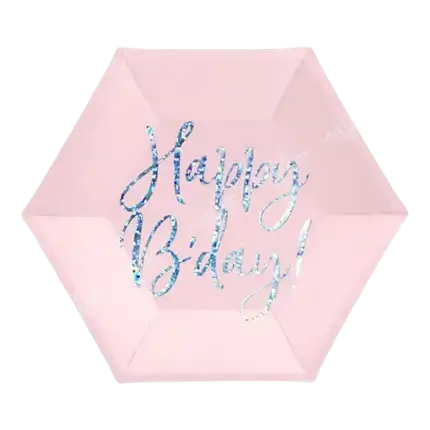 Lyserød iriserende Happy Birthday-tallerken (sæt med 6)