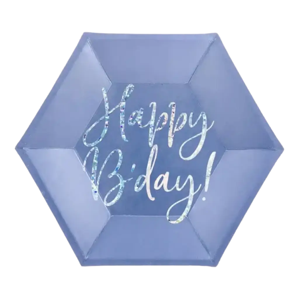 Blå paptallerken Happy Birthday (sæt med 6)