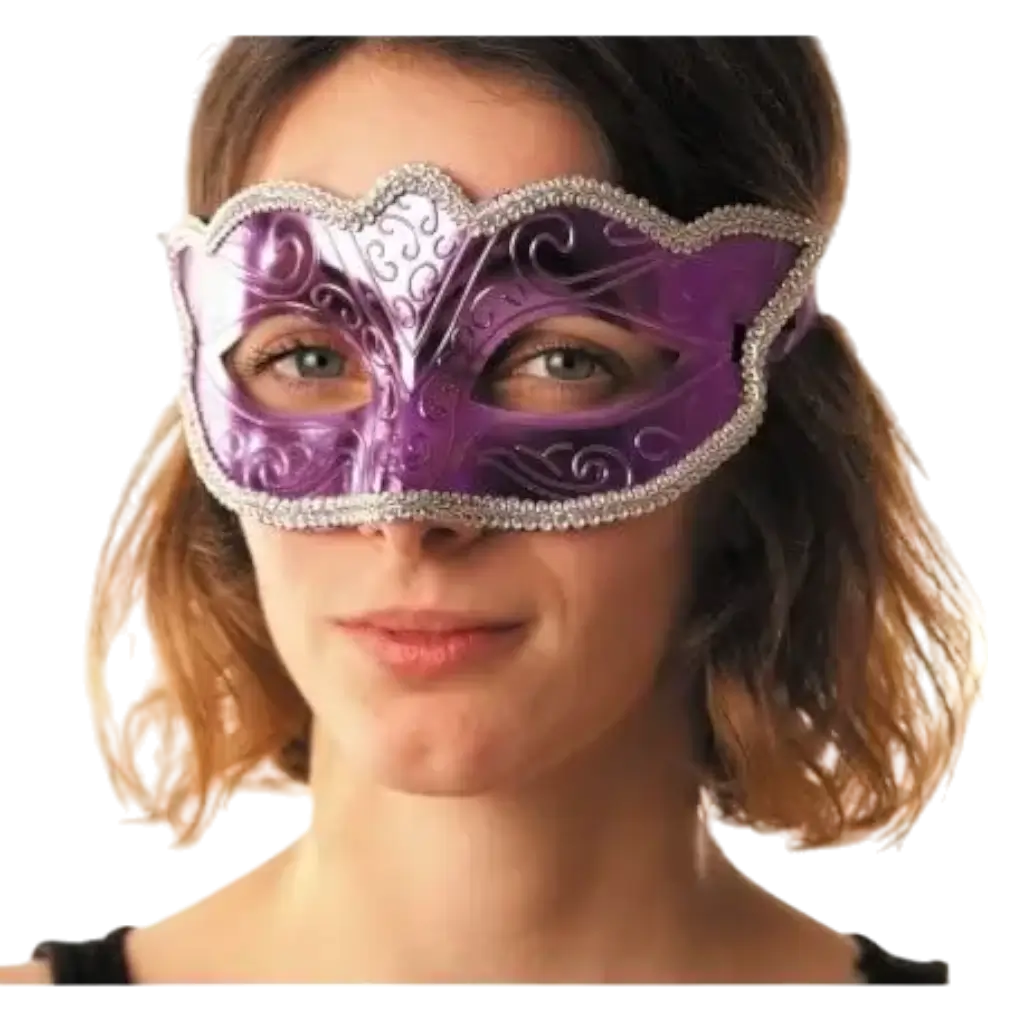 Burlesque venetiansk maske lilla med sølvramme