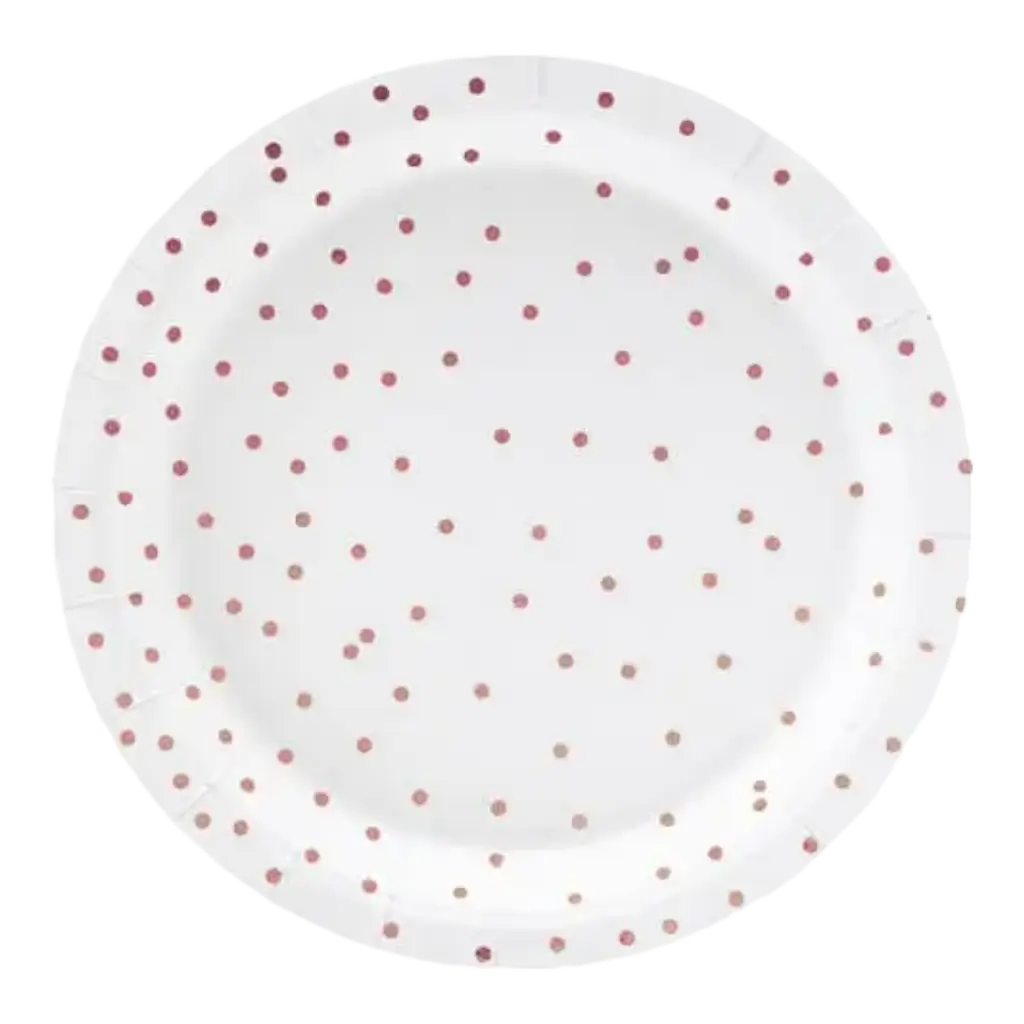 Hvid paptallerken med rosaguld prikker (sæt med 6)