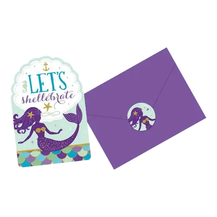 Invitation + Let's Shellebrate havfrue konvolut (sæt med 8)