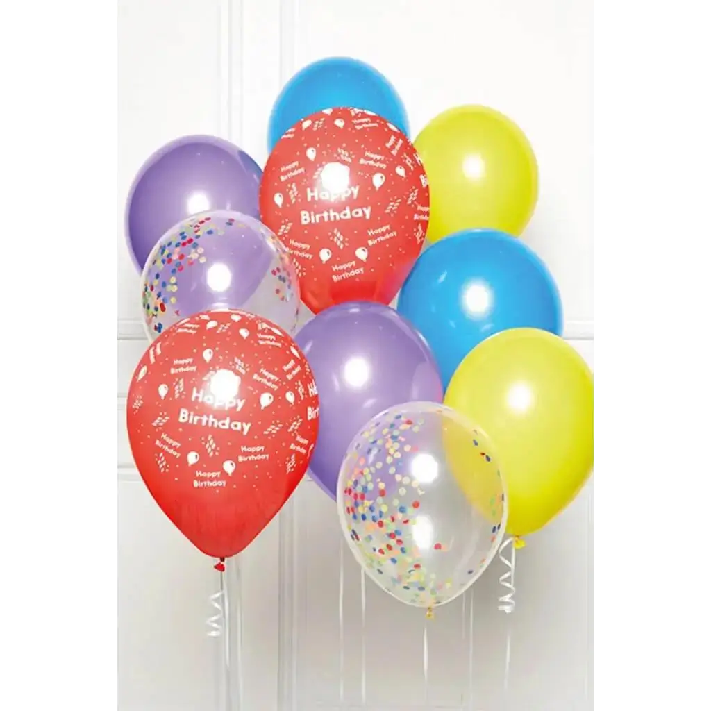 10 flerfarvede Happy Birthday-balloner