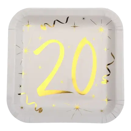 Kvadratisk tallerken Hvid/Guld 20 år (sæt med 10)