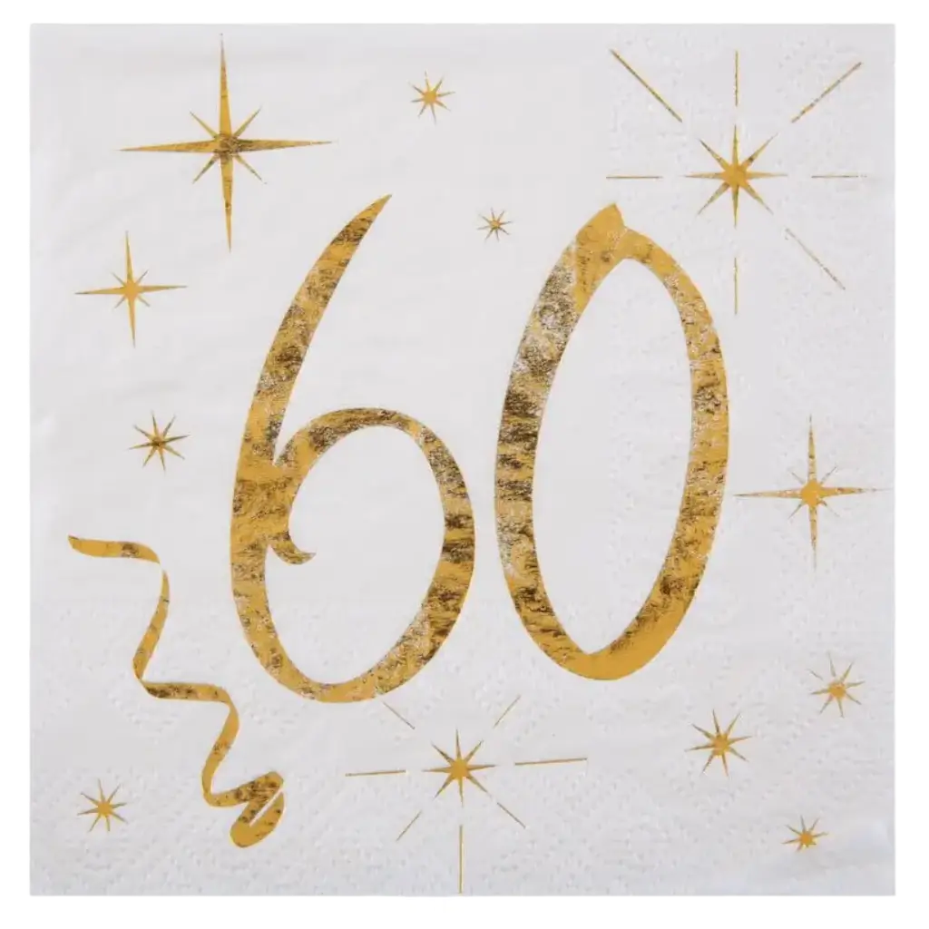 Hvid/guld papirhåndklæde 60 år (sæt med 20 stk.)