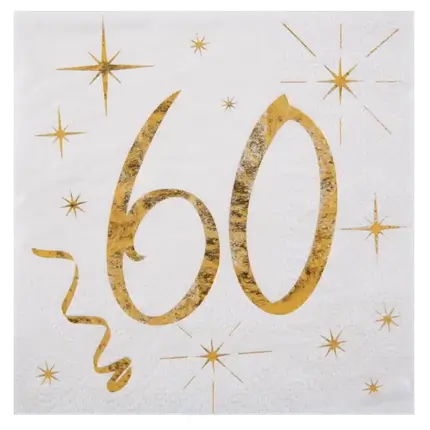 Hvid/guld papirhåndklæde 60 år (sæt med 20 stk.)
