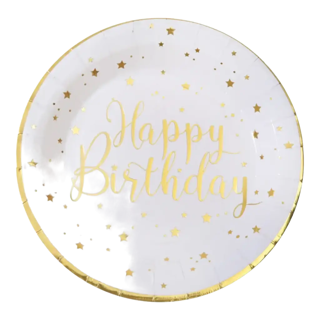 Tillykke med fødselsdagen tallerken guld/hvid (sæt med 10)