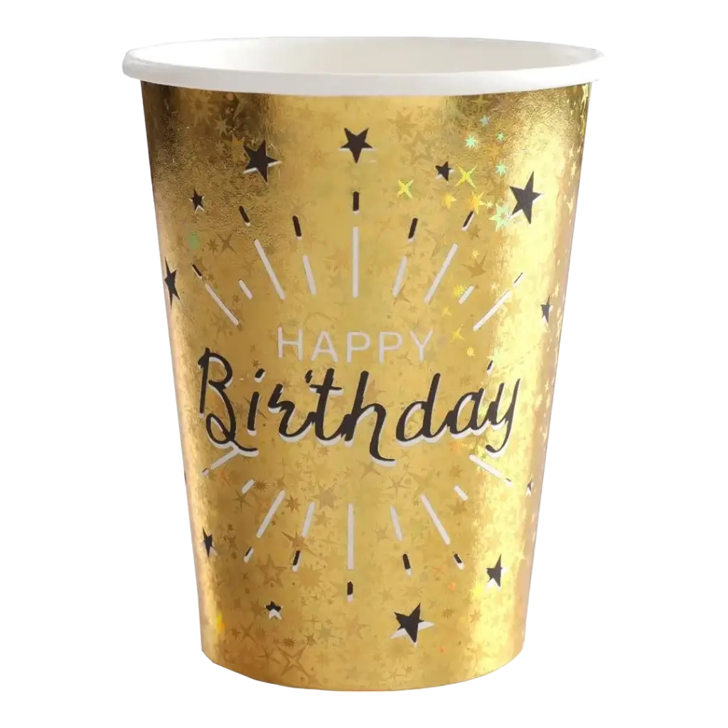 Happy Birthday Cup guld metallic (sæt med 10)