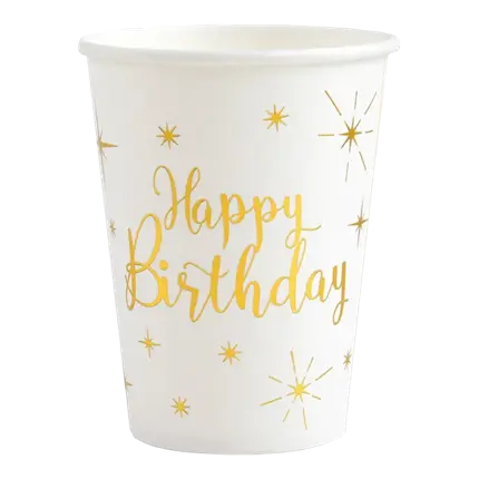 Hvid Happy Birthday Cup Gold (sæt med 10)