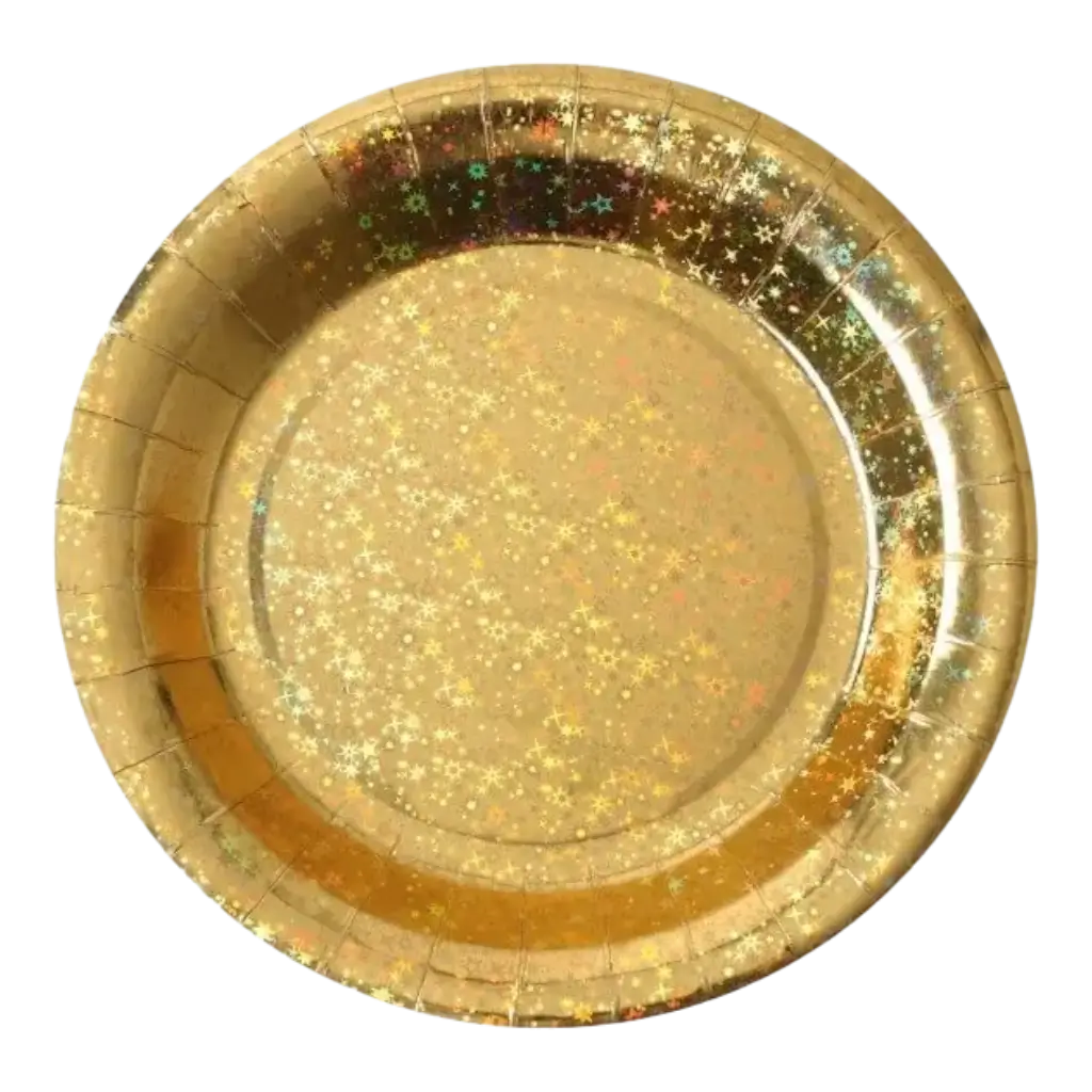 Guldfarvet, funklende paptallerken - ø22,5 cm - sæt med 10 stk.