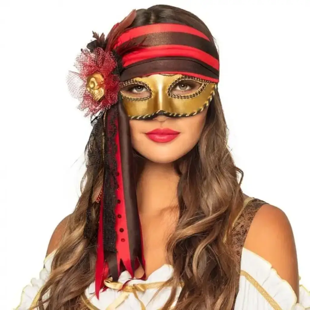 Gylden, rød og sort venetiansk piratmaske