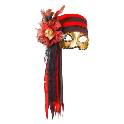 Gylden, rød og sort venetiansk piratmaske