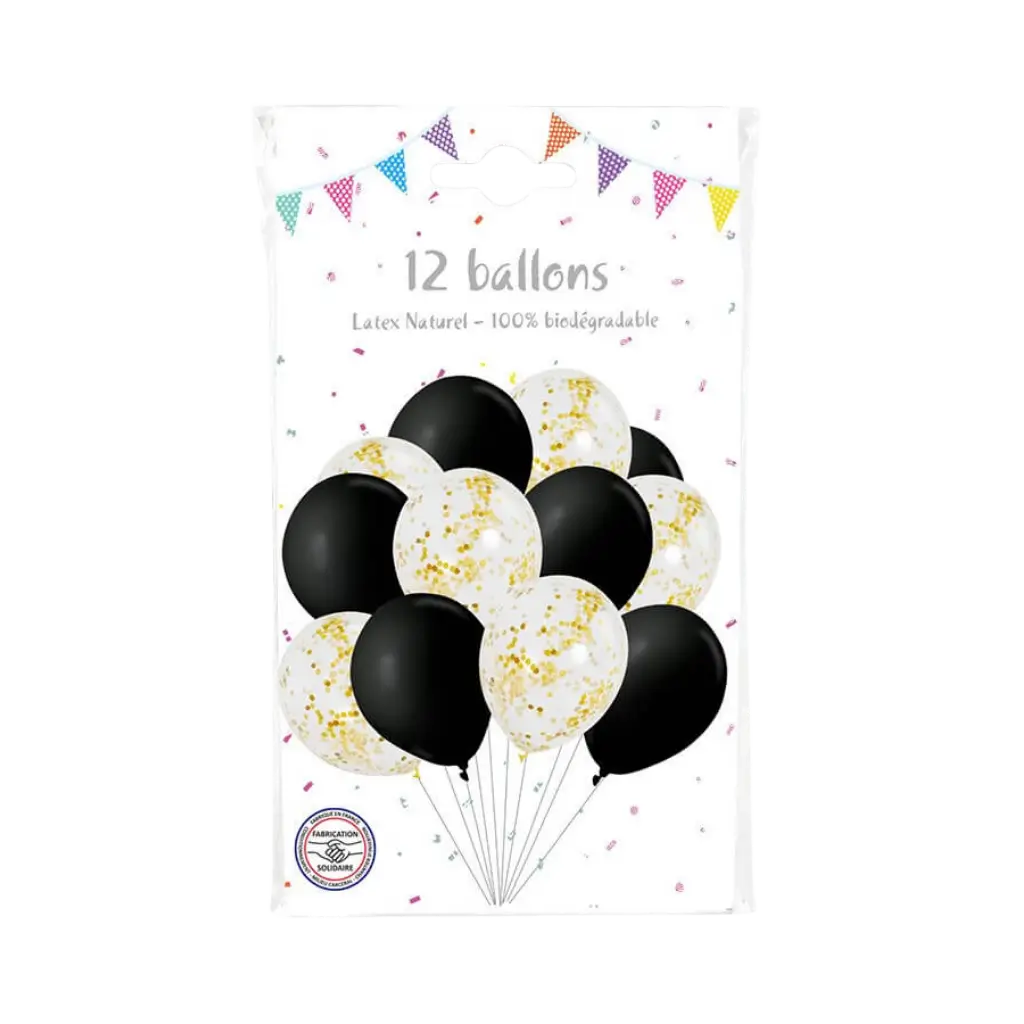 Pakke med 6 guld metal konfetti balloner og 6 sorte balloner - 30cm
