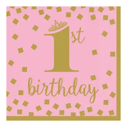 1. fødselsdag Pink og guld serviet (sæt med 16)