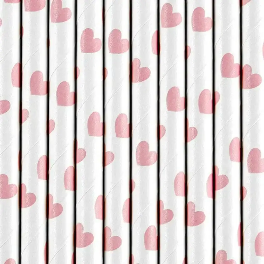 Hvide sugerør af papir med lyserødt hjerte - LOT AF 10