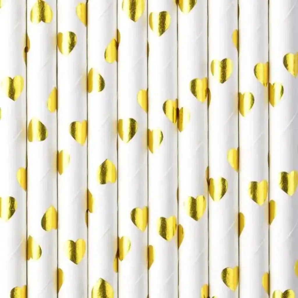 Hvide sugerør af papir med guldhjerte-design - LOT AF 10