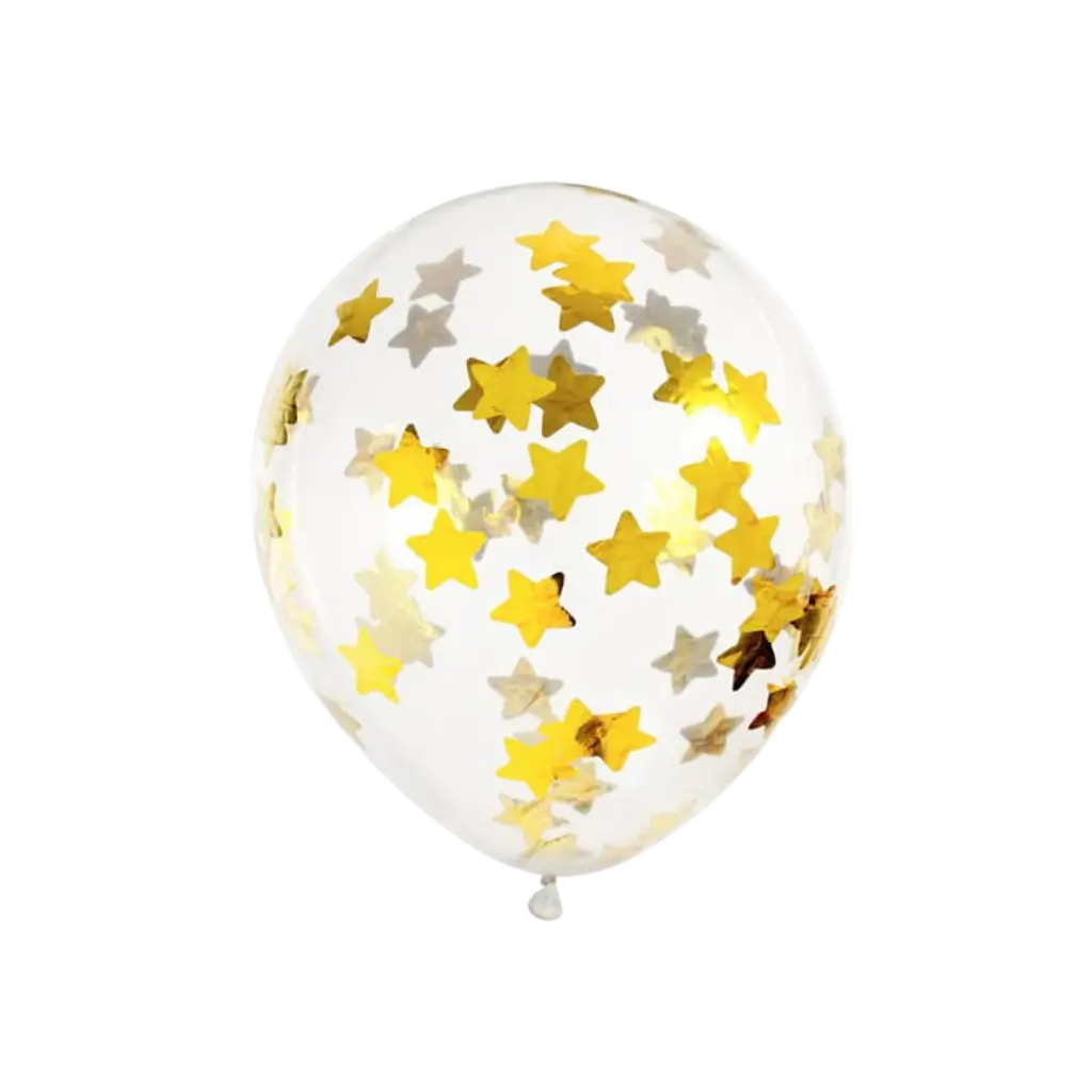 Sæt med 6 gennemsigtige konfettiballoner - Guldstjerne - 30 cm