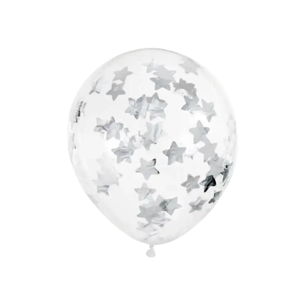 Sæt med 6 gennemsigtige konfettiballoner - Sølvstjerne - 30 cm