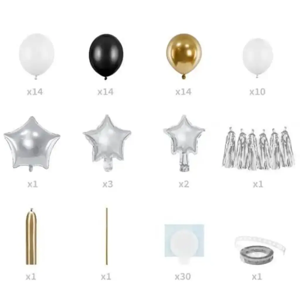 Guld og sort ballonbue + sølvstjerner - 167x135cm