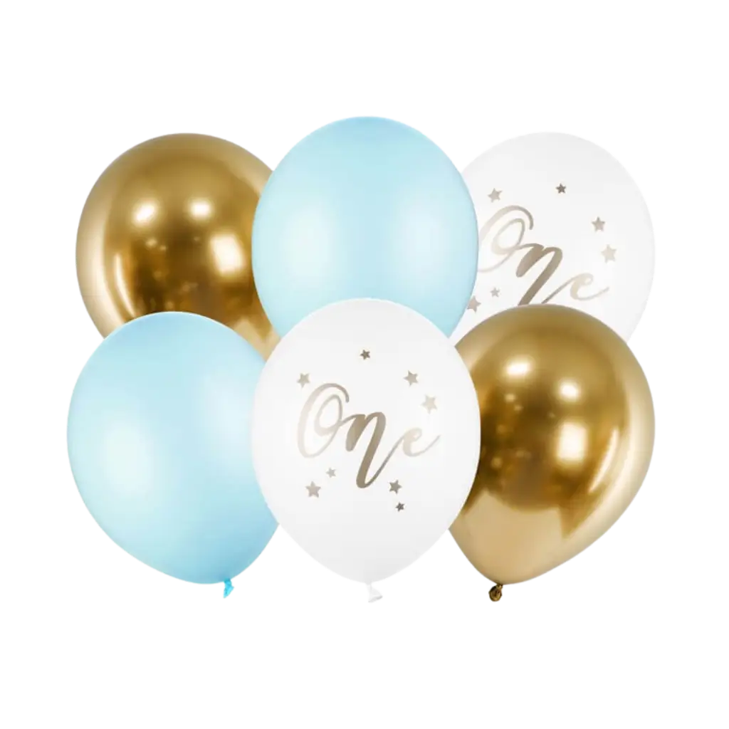Sæt med 6 1-års fødselsdagsballoner - Blå/Hvid/Guld - 30 cm