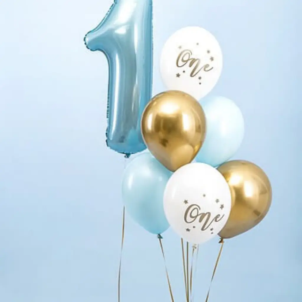 Sæt med 6 1-års fødselsdagsballoner - Blå/Hvid/Guld - 30 cm