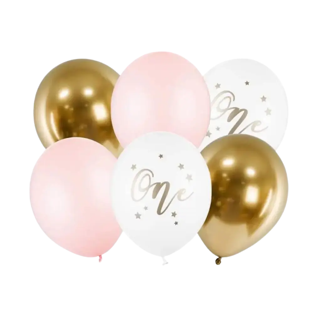 Sæt med 6 1-års fødselsdagsballoner - Pink/Hvid/Guld - 30 cm