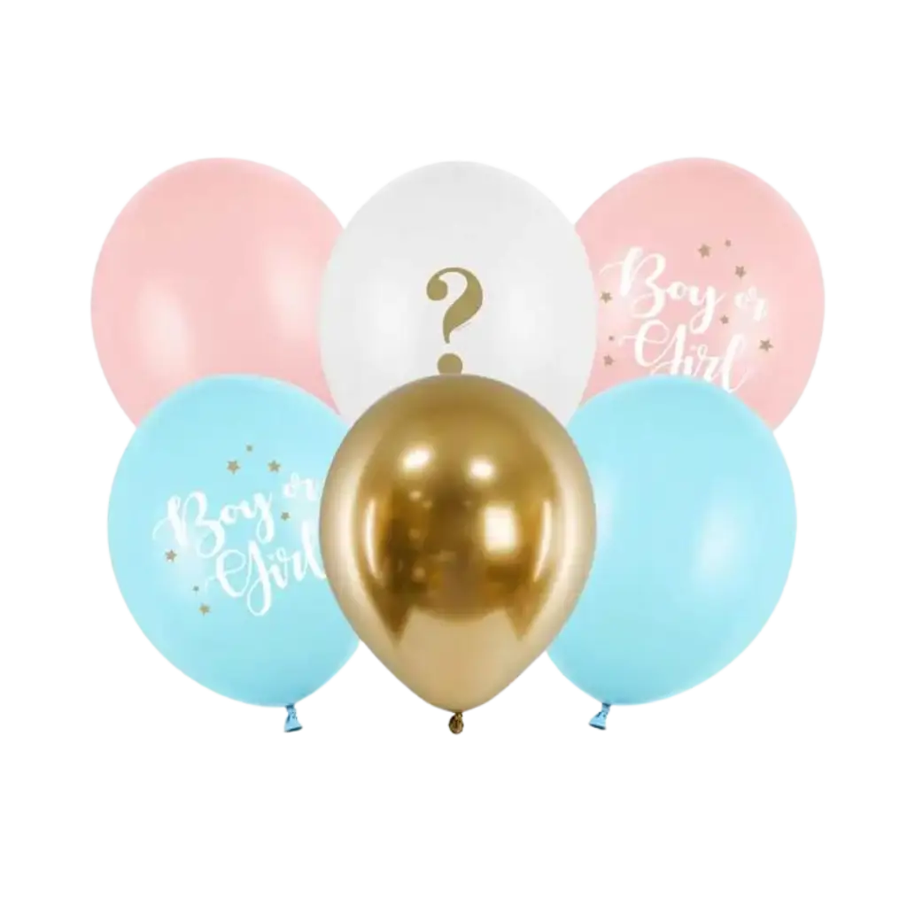 Sæt med 6 "Girl or Boy" balloner Blå/Pink/Guld - 30 cm