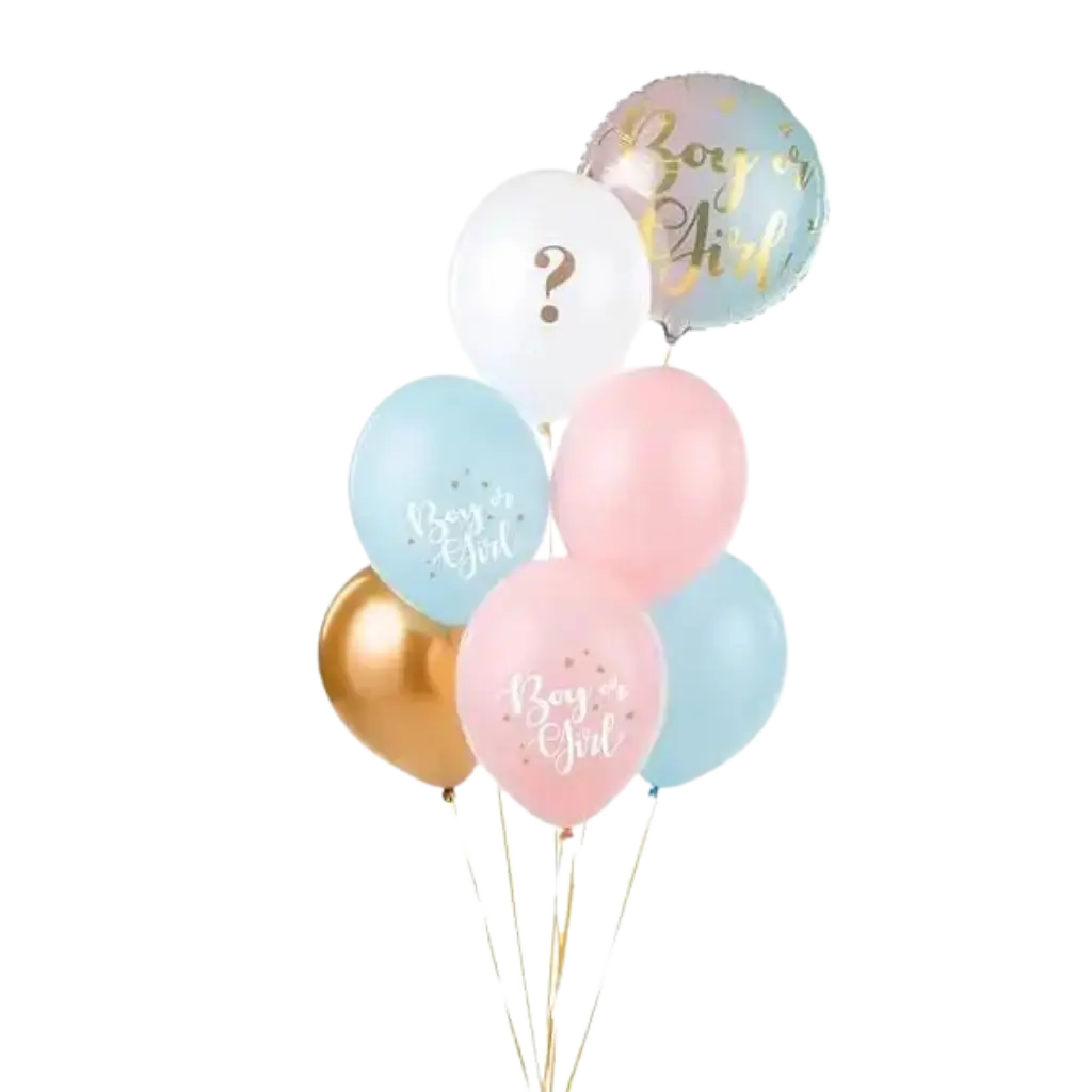 Sæt med 6 "Girl or Boy" balloner Blå/Pink/Guld - 30 cm
