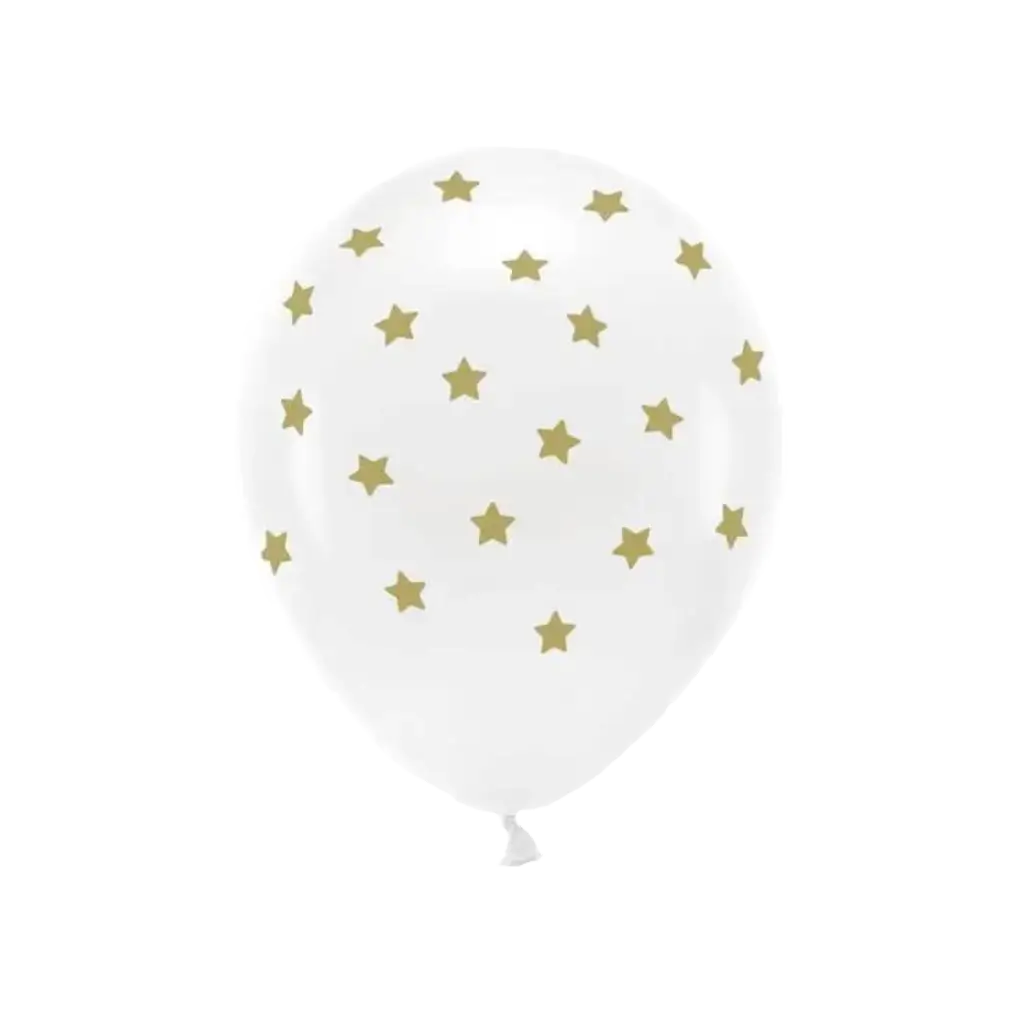 Sæt med 6 balloner - Hvide + Guldstjerner - 100% BIOLOGISK NEDBRYDELIG
