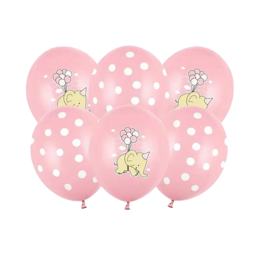 Sæt med 6 pastellyserøde balloner - hvide prikker/elefant - 30 cm