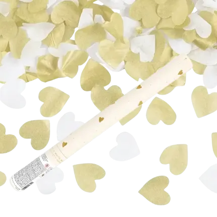 Confetti Cannon 35cm - Hjerte Hvid/Guld 100% BIOLOGISK NEDBRYDELIG