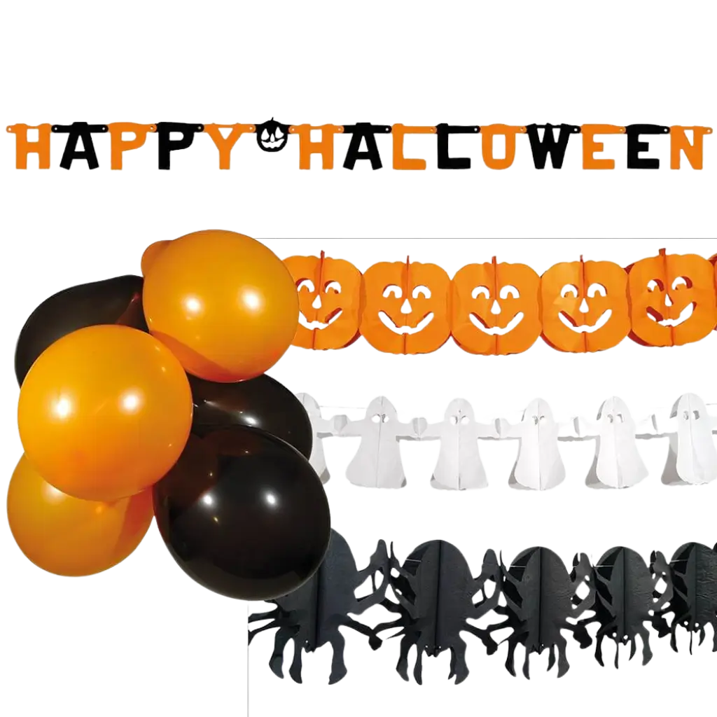 Dekorationssæt til halloweenfesten med guirlander og balloner