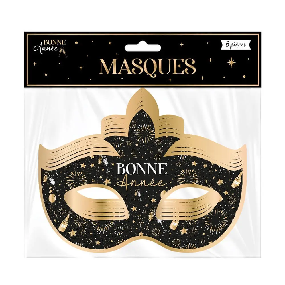 Venetiansk maske i sort og guld "Godt nytår" - sæt med 6 stk.
