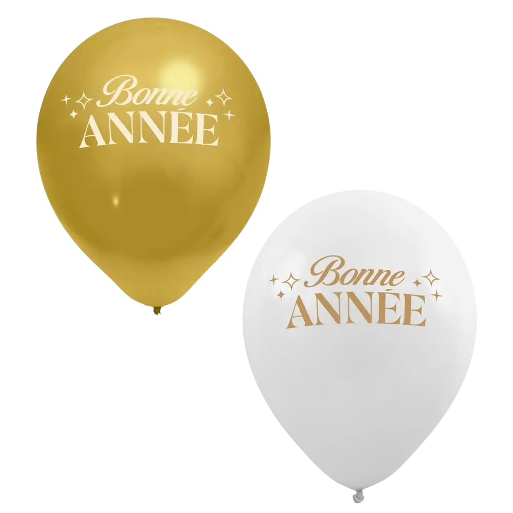 Balloner “Godt nytår” Hvid / Guld 30 cm – Pakke med 8