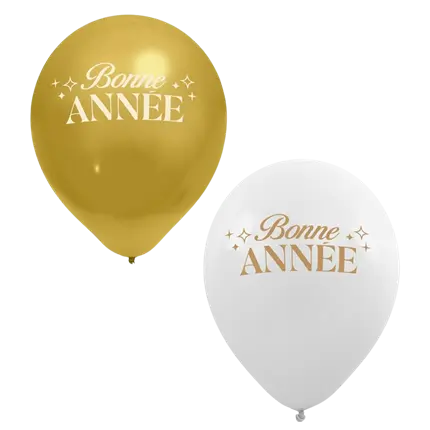 Balloner “Godt nytår” Hvid / Guld 30 cm – Pakke med 8