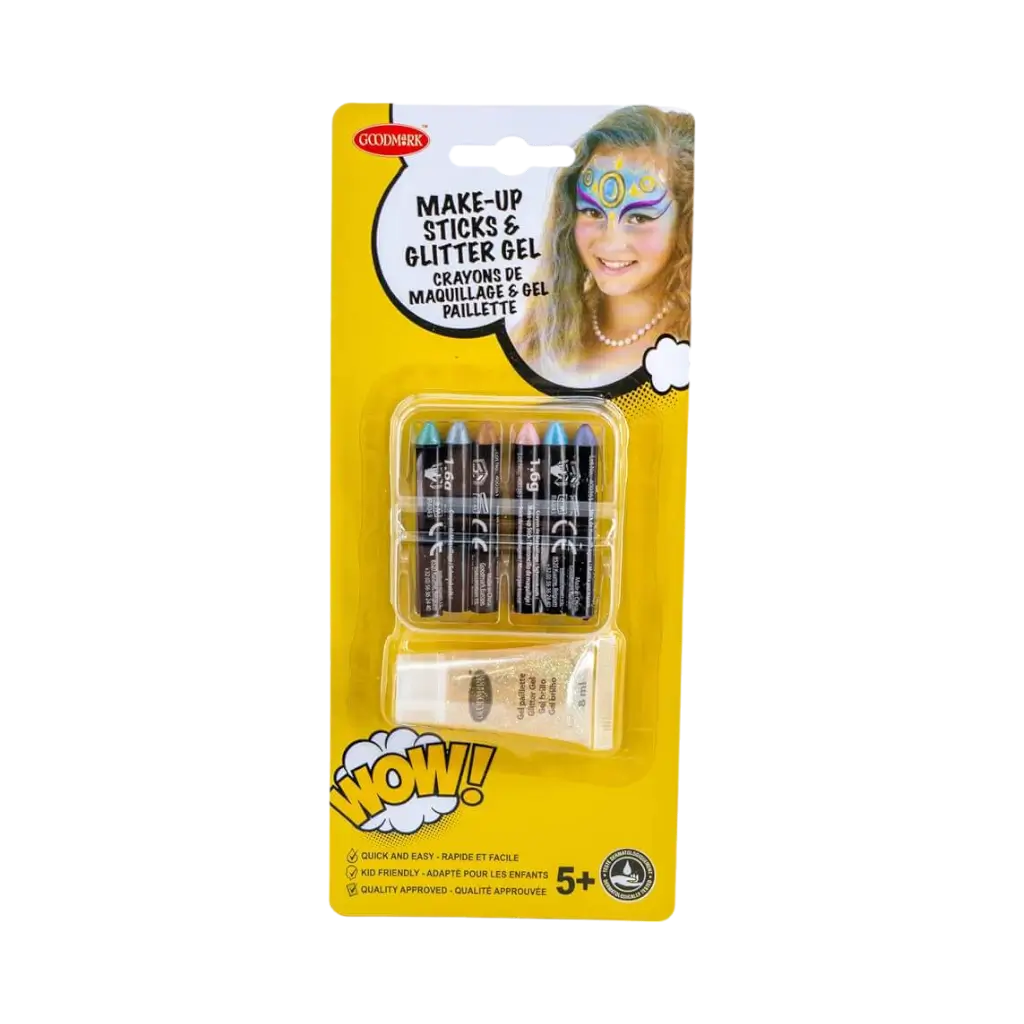 6 olieagtige make-up-blyanter med perleeffekt og en glittergel-tube